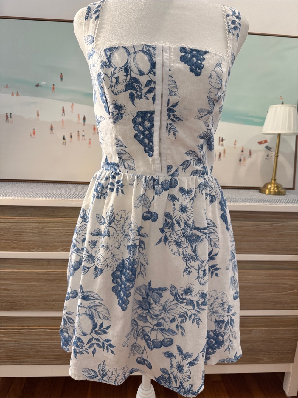 Reformation Sherry Linen Dress Blue White Fruit Floral Mini